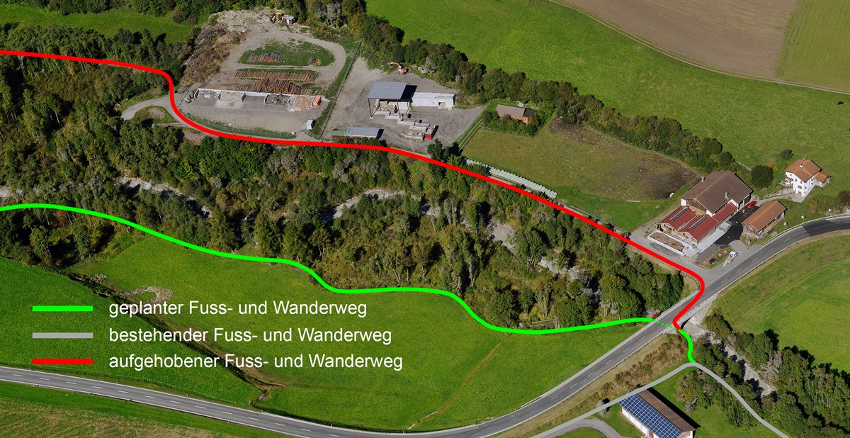 Luftbild mit geplantem Fuss- und Wanderweg