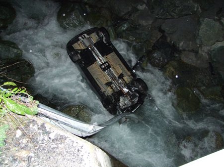 Endlage des Personenwagens im Bach