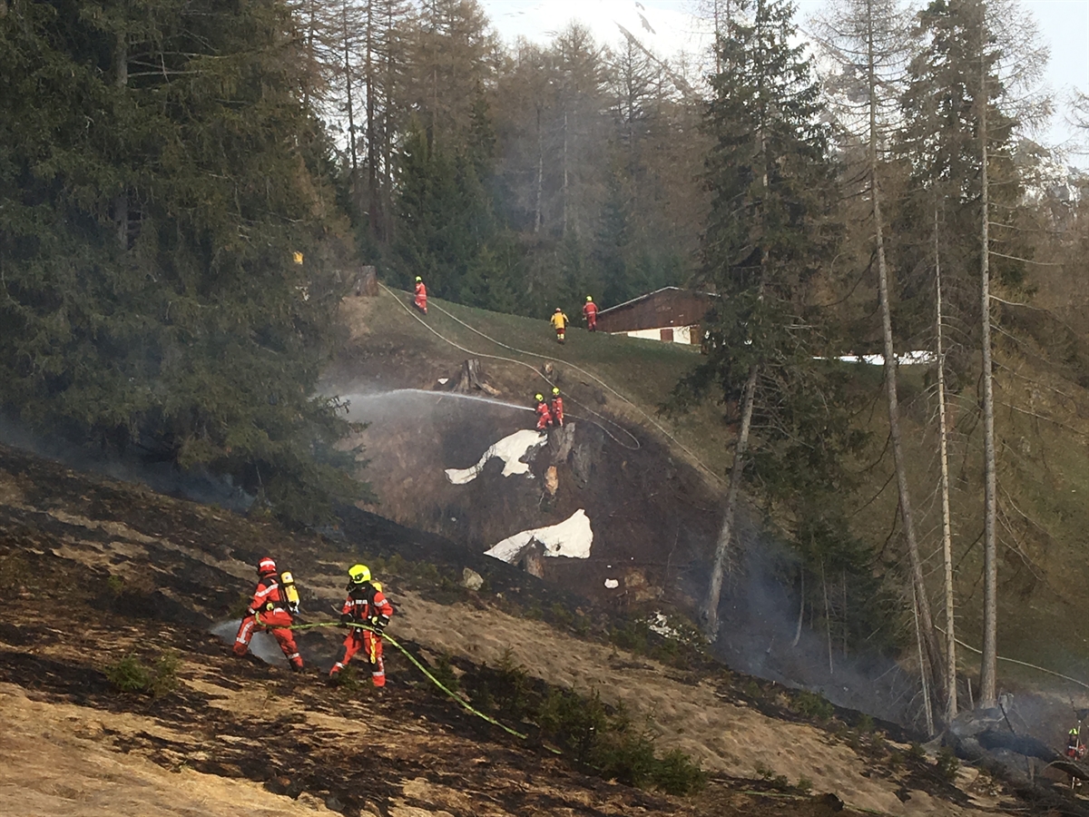 Einsatzkräfte der Feuerwehr Ausserdomleschg bei den Löscharbeiten und beim Einwässern des dürren Grases.