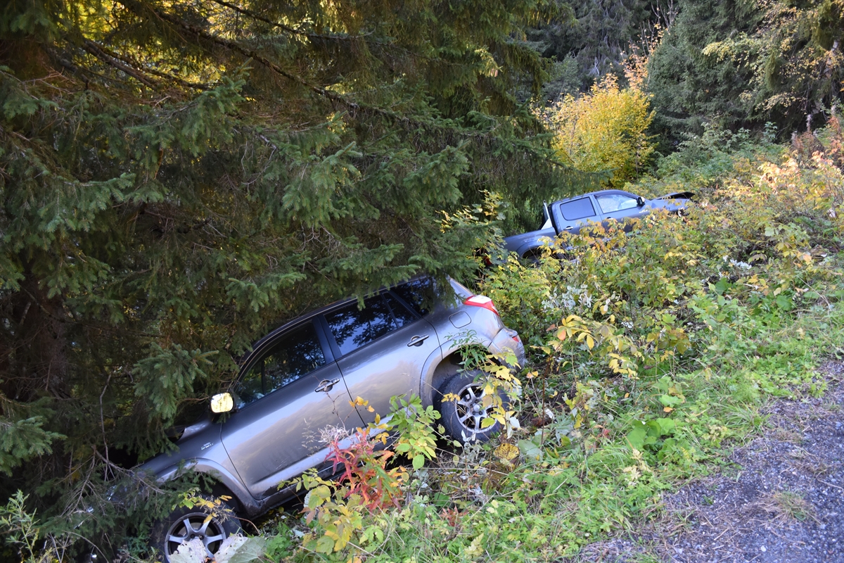 Die beiden total beschädigten Autos in der abfallenden Böschung.