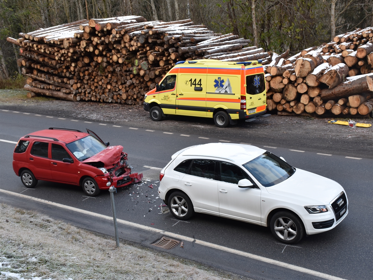 Unfallörtlichkeit mit den beiden beteiligten Fahrzeugen mit der Ambulanz im Hintergrund. Beim auffahrenden Fahrzeug ist die ganze Frontpartie eingedrückt.