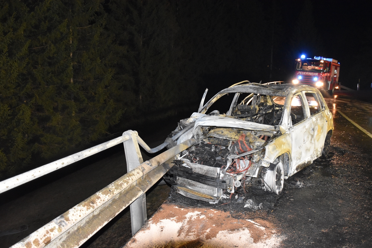 Frontale Sicht auf das total ausgebrannte Auto. Links davon die beschädigte Leitplanke. Hinter dem Auto ein Feuerwehrfahrzeug.