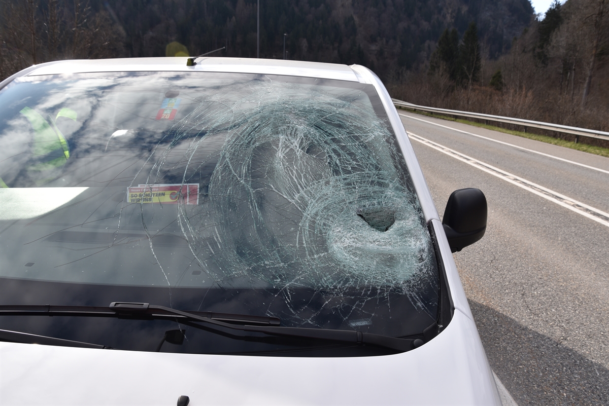 Der Lieferwagen von vorne mit total beschädigter Windschutzscheibe. Rechts davon die A13.