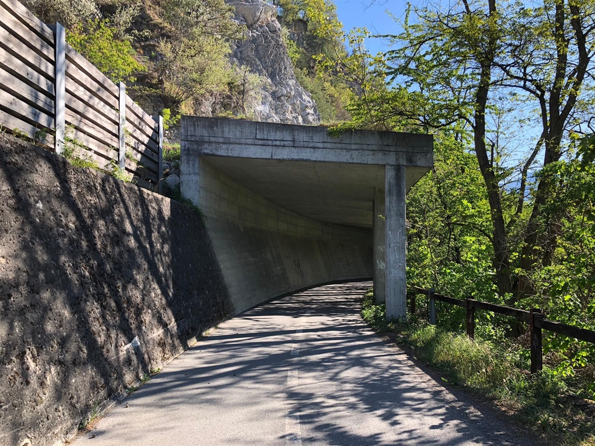Alles in einer Hanglage. Links eine Stützmauer, mittig der asphaltierte Radweg der in eine Galerie übergeht und rechts davon Bäume/Gebüsch.