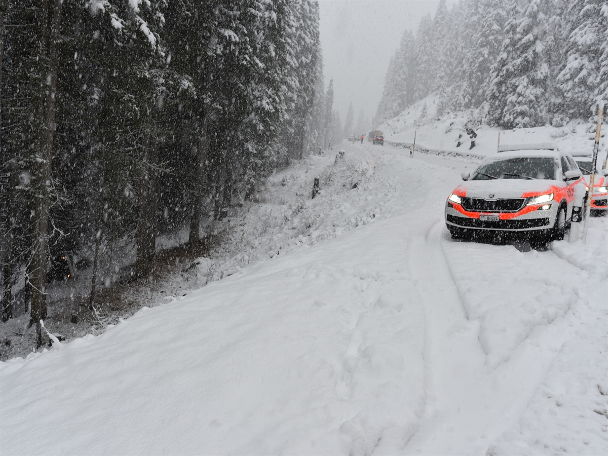 Rechts die verschneite Strasse mit zwei Polizeiautos. Links eine abfallende Böschung und Wald in welchem schlecht sichtbar der Lieferwagen liegt.