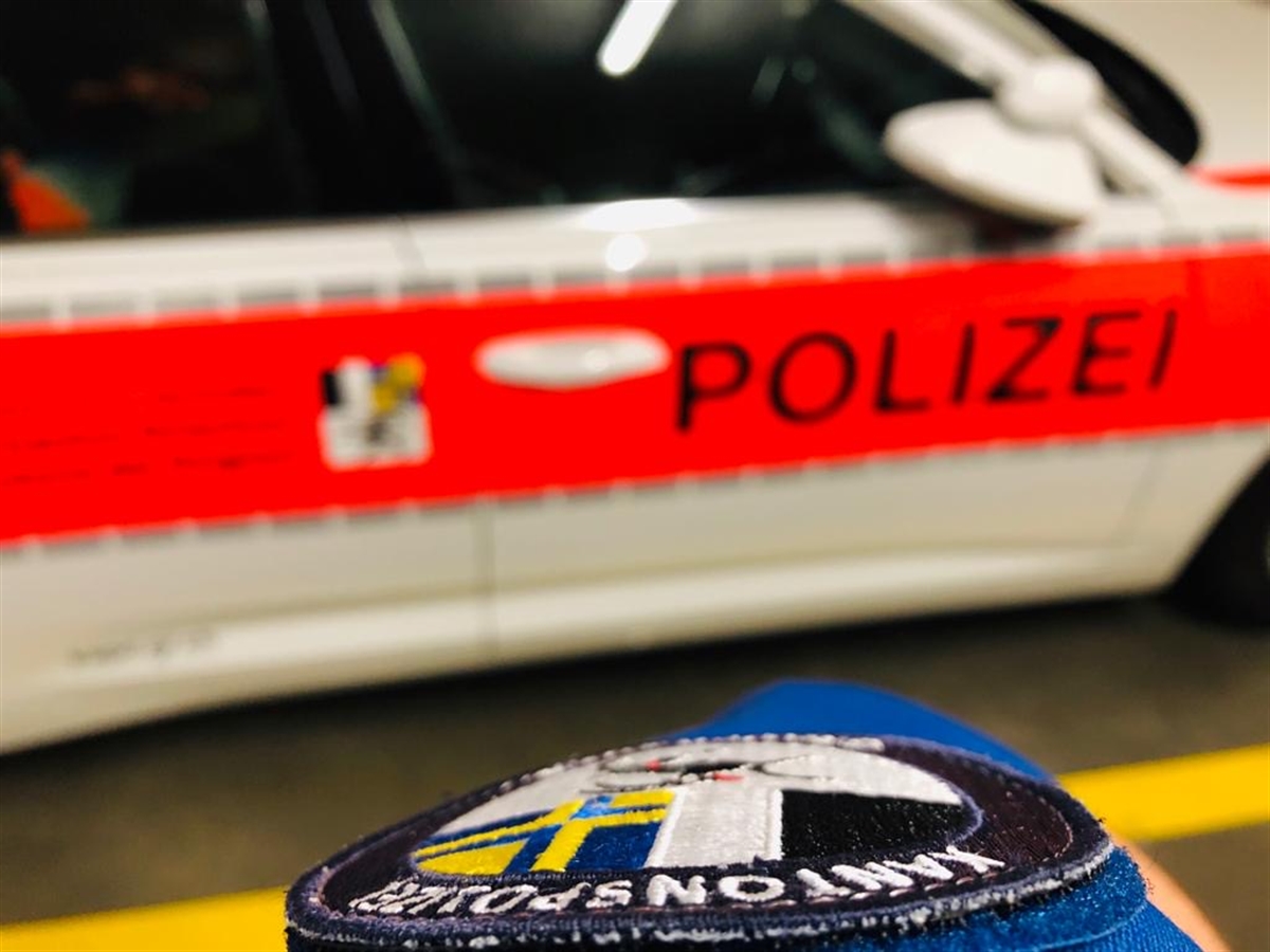 Im Vordergrund ein Polizeibadge, im Hintergrund unscharf ein Polizeiauto.
