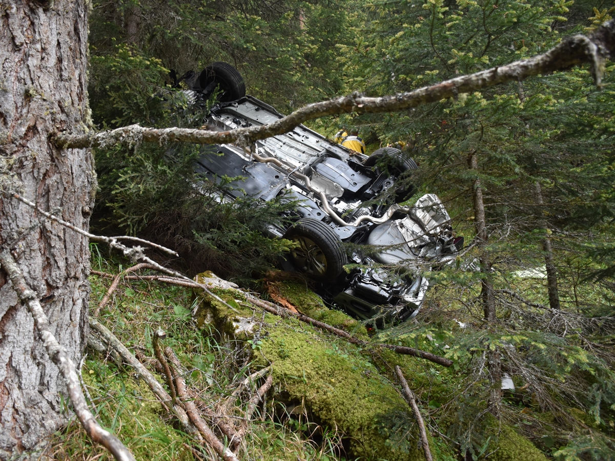 In Bildmitte das auf dem Dach liegende Auto inmitten eines Waldes. Man sieht an die Unterseite des Autos.