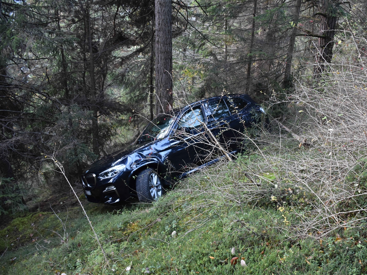 Blick von einem Abhang auf das Auto hinunter. Es steht quer mit der Front nach links sowie mit der rechten Seite an einem Baum. 