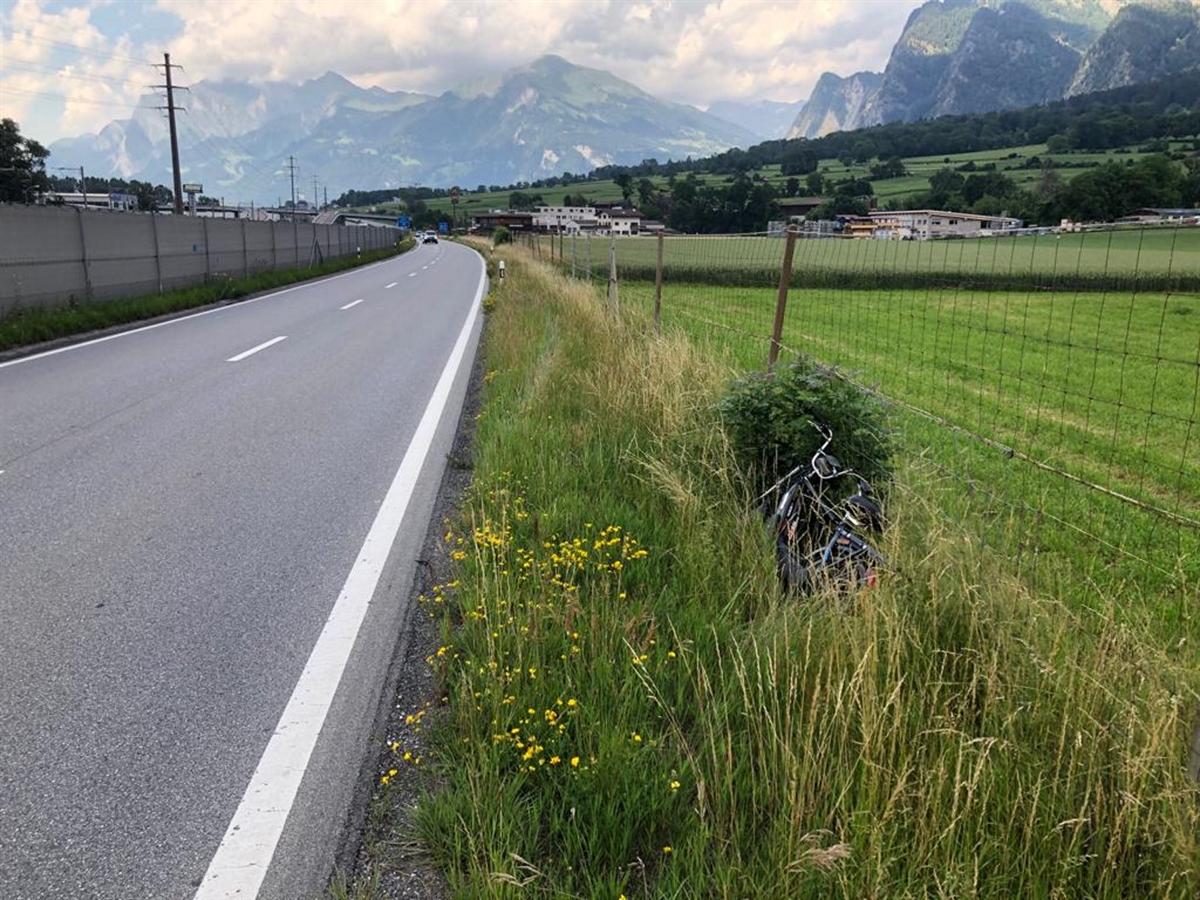 Links die Strasse, rechts davon ein Grünstreifen, in welchem das Mofa an den Wildschutzzaun angelehnt, liegt. Rechts Wiesland und im Hintergrund Berge.