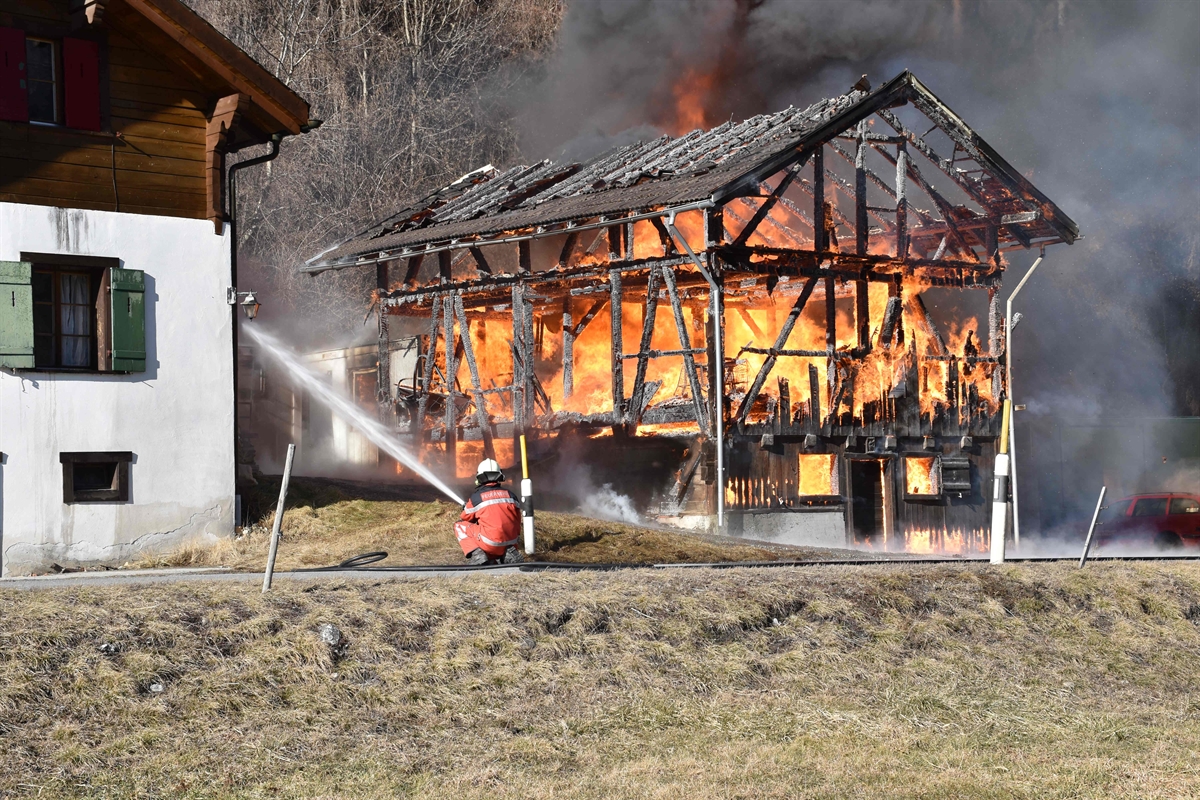 Auf der linken Seite sieht man das Wohnhaus. Rechts ist nur noch das Gebälke des Stalles ersichtlich. Der Stall steht unter Vollbrand. Ein Feuerwehrmann hält den Schlauch in der Hand und besprüht die Fassade des Hauses mit Wasser. Die Fahrzeuge, die in Mitleidenschaft gezogen wurden, sind auch ersichtlich auf der rechten Seite. Hinter dem Stalls ist noch der Container.
