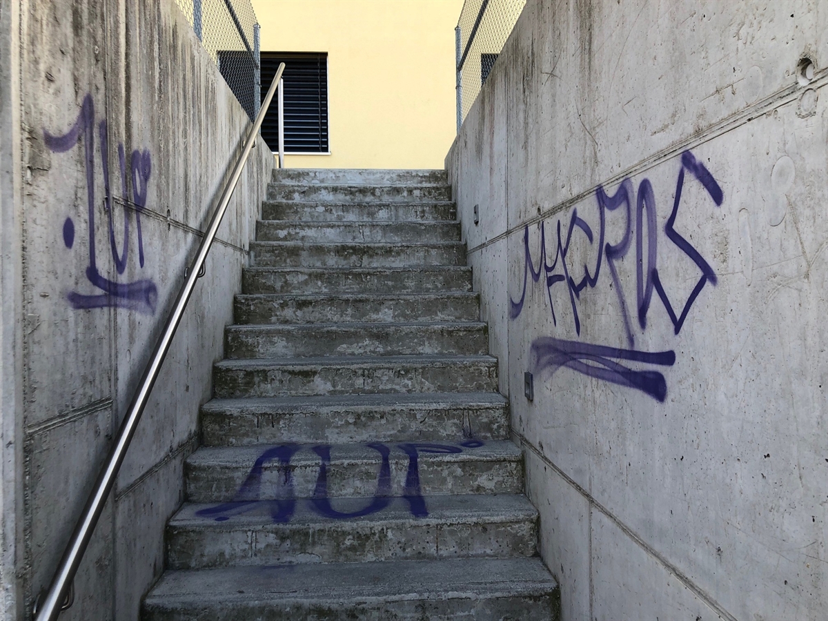 Sprayereien auf einer Betontreppe und den beiden zur Seite liegenden Betonwänden.