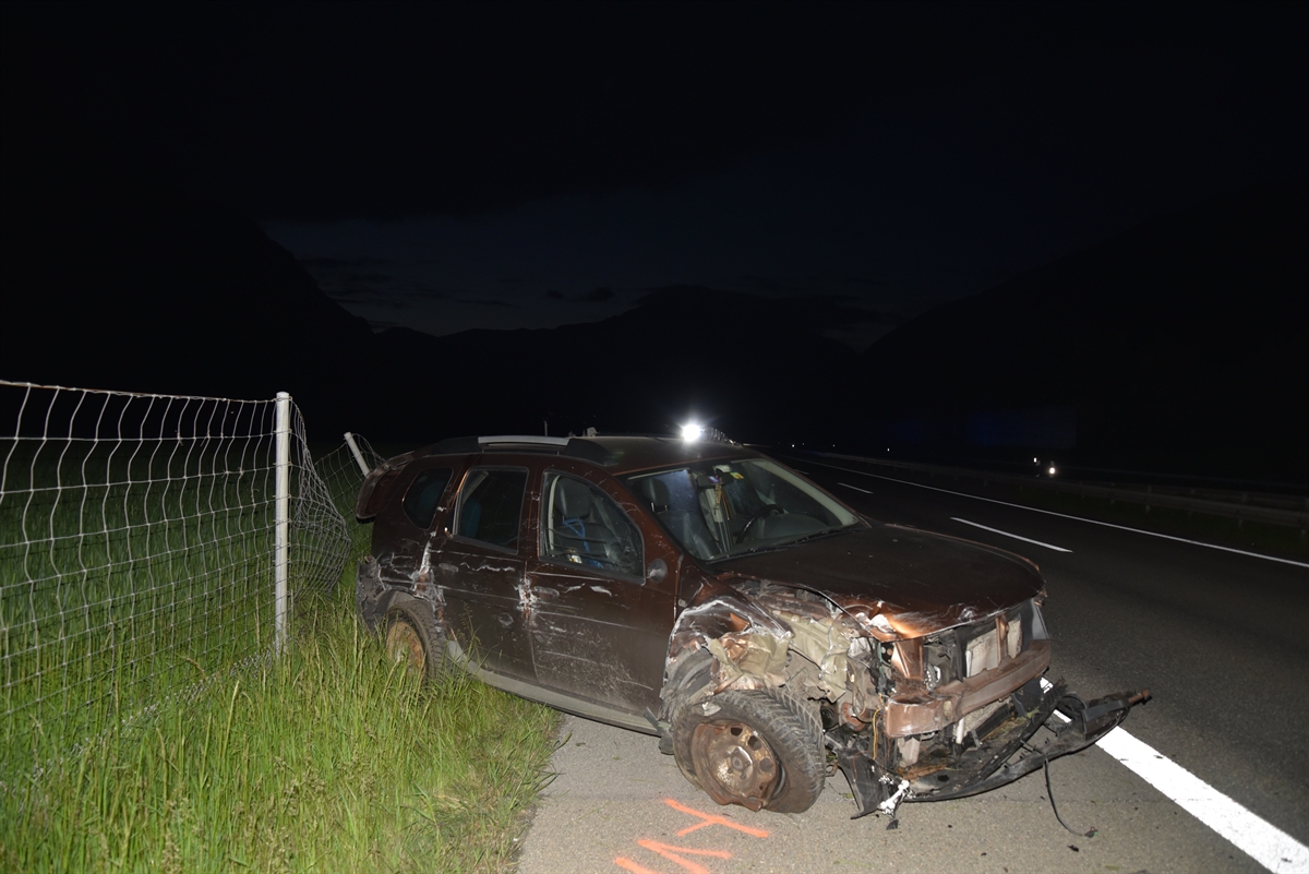 Im Vordergrund der stark beschädigte Personenwagen entlang vom beschädigten Wildschutzzaun auf dem Pannenstreifen.