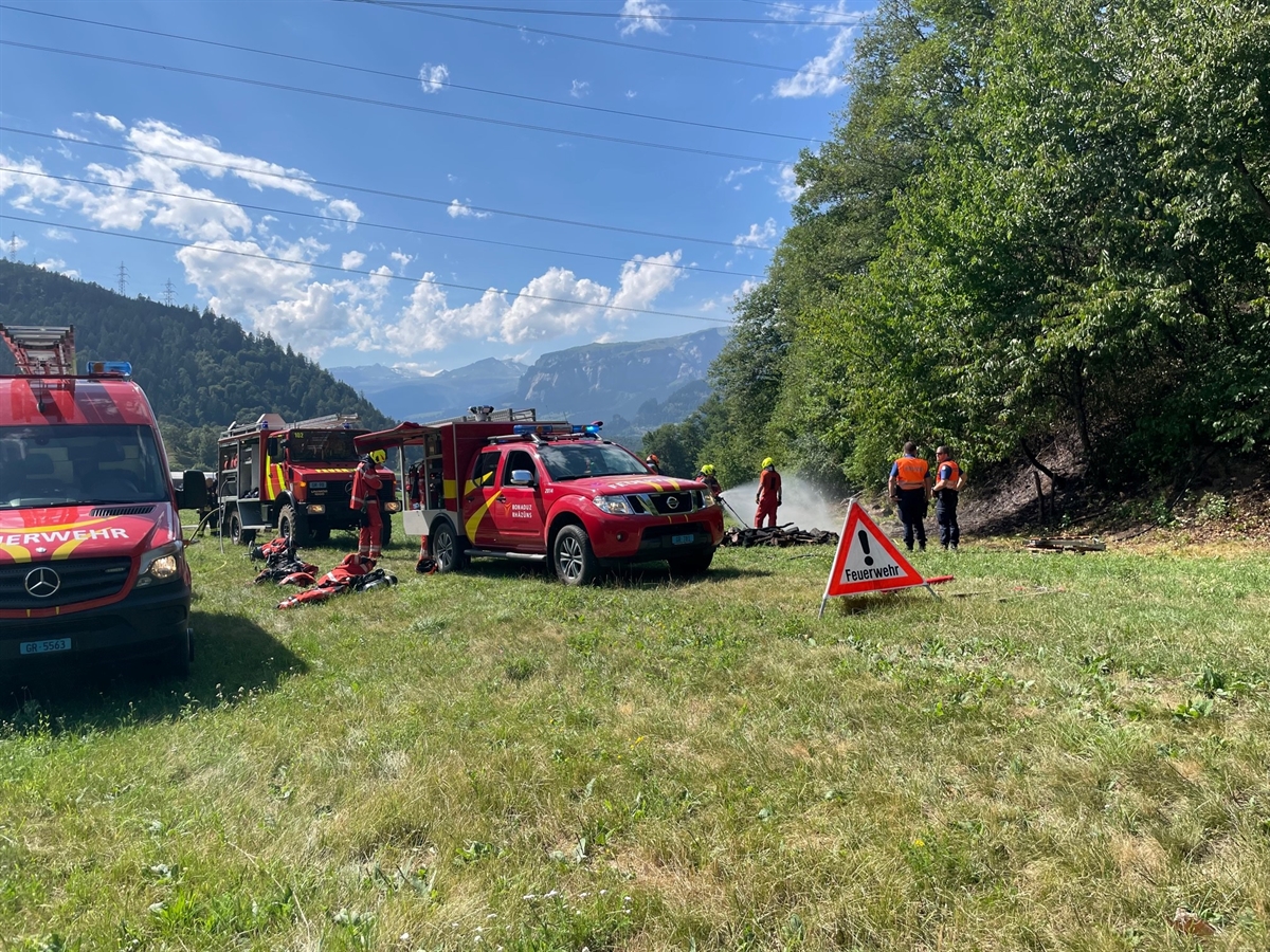 Mehrere Feuerwehrfahrzeuge auf der Wiese parkiert