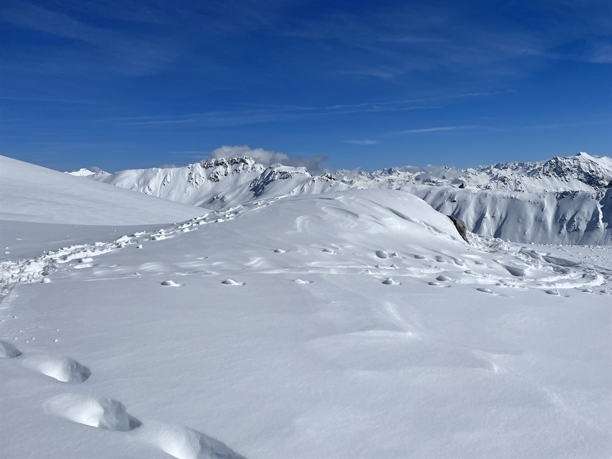 Die Hochebene am Fusse der Plattenflue in St. Antönien. Spuren im Schnee, welche durch den Vermissten verursacht wurden.