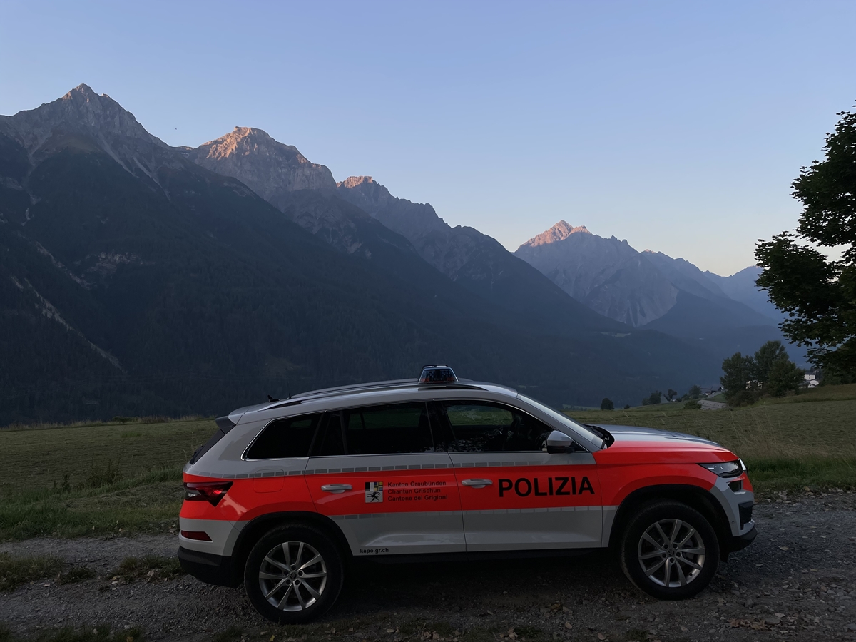 Polizeiauto mit Bergen und blauem Himmel