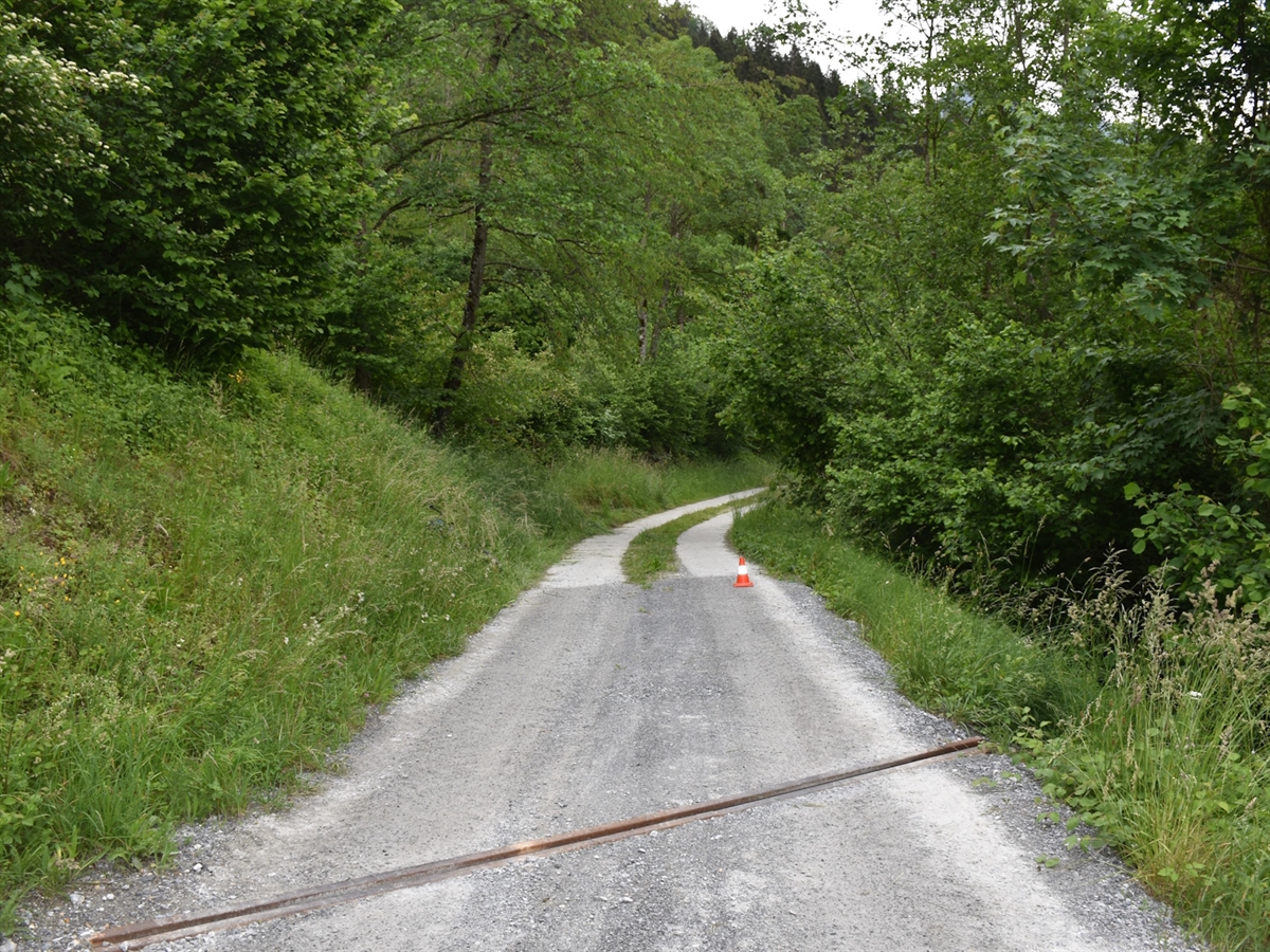 Die Strasse, links eine ansteigende und rechts eine abfallende Böschung.