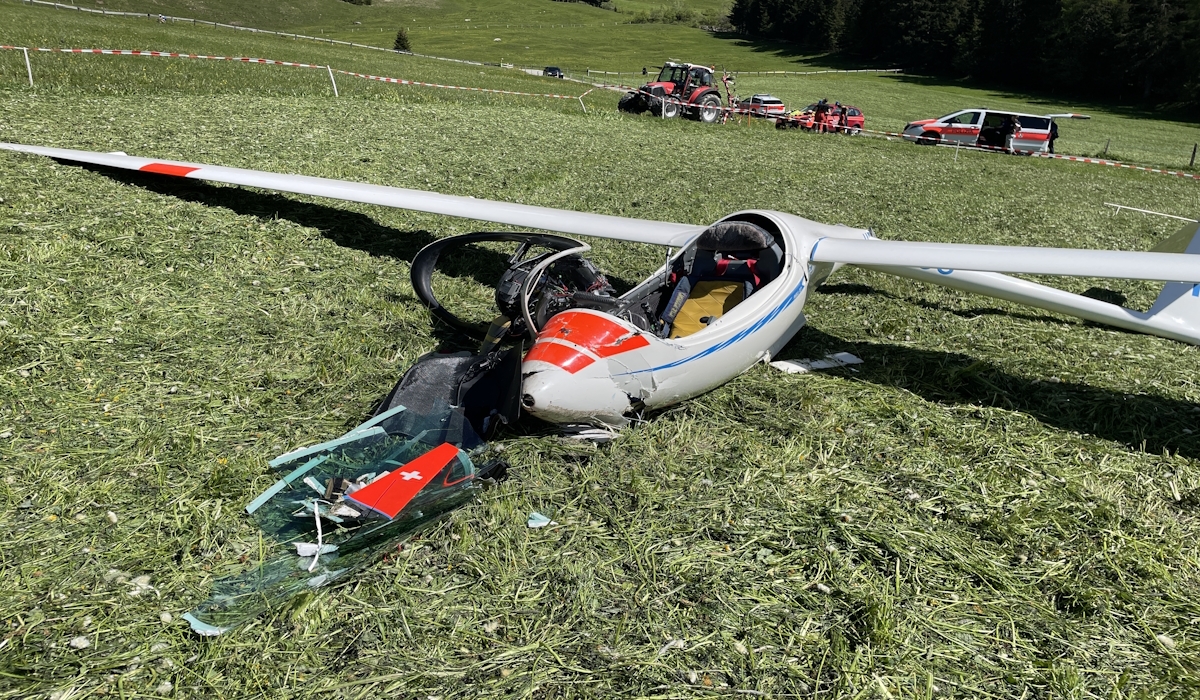 Segelflugzeug liegt in total beschädigt im Wiesland