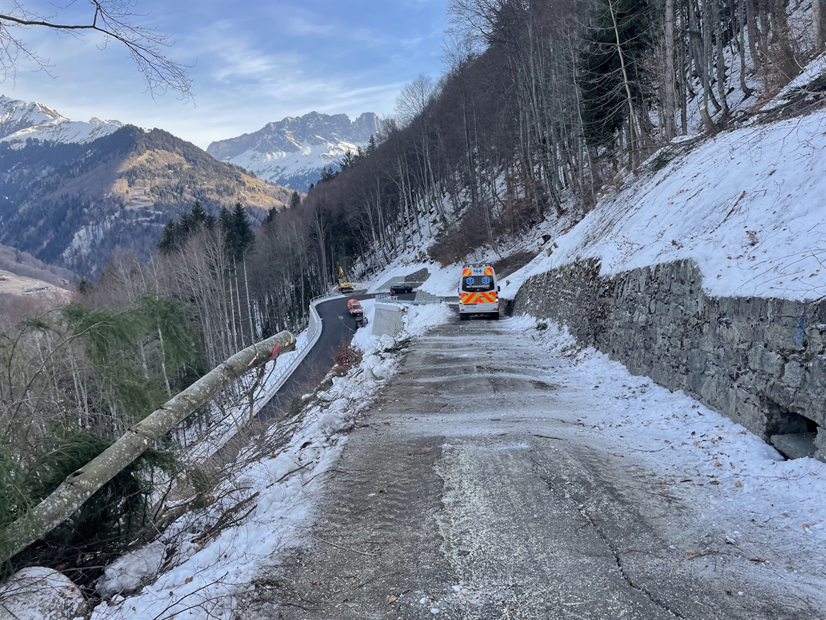 Auf der einspurigen Stelserstrasse steht der Rettungswagen. Weiter unten im einer Kurve zwei private Autos, ein Auto des Tiefbauamtes sowie der Bagger. Links neben der Strasse liegt ein gefällter Baum. Das Bild zeigt die winterlichen Verhältnisse im Buochwald.
