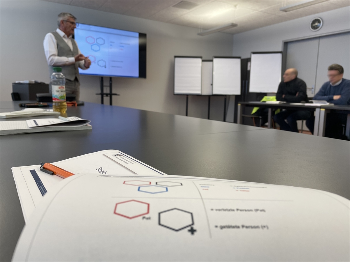 In einem Theorieraum links der Referent, rechts zwei Teilnehmer und im Vordergrund eine Beschreibung eines Soziogramms.