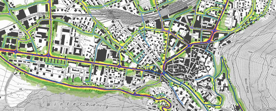 Stadtzentrum Chur und Chur West im Lärmbelastungskataster Strassen