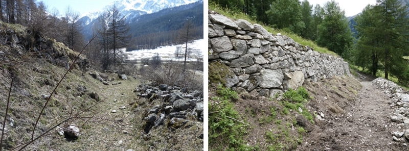 teilsanierte Trockenmauer in Müstair