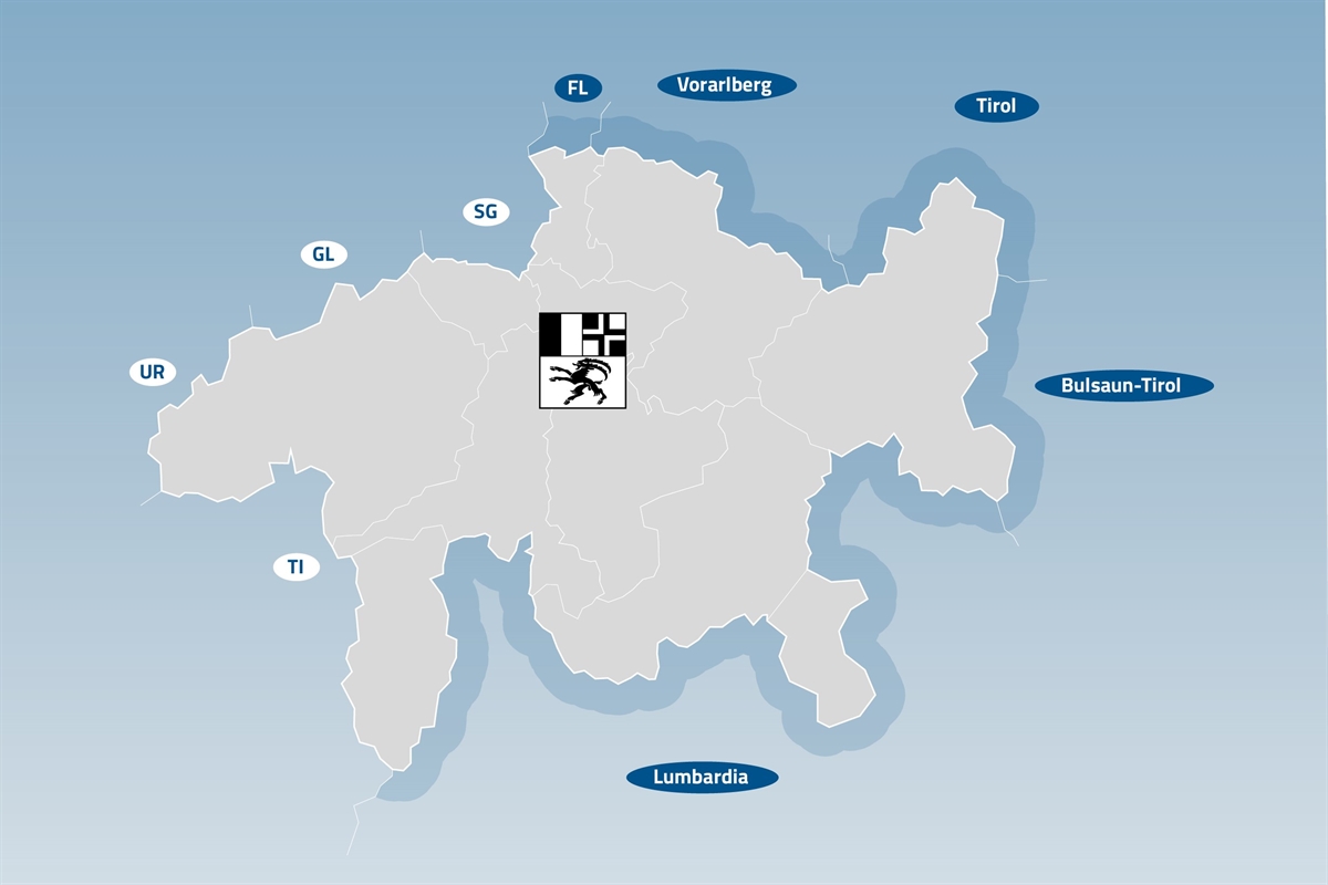 Karte Graubünden mit Nachbarregionen